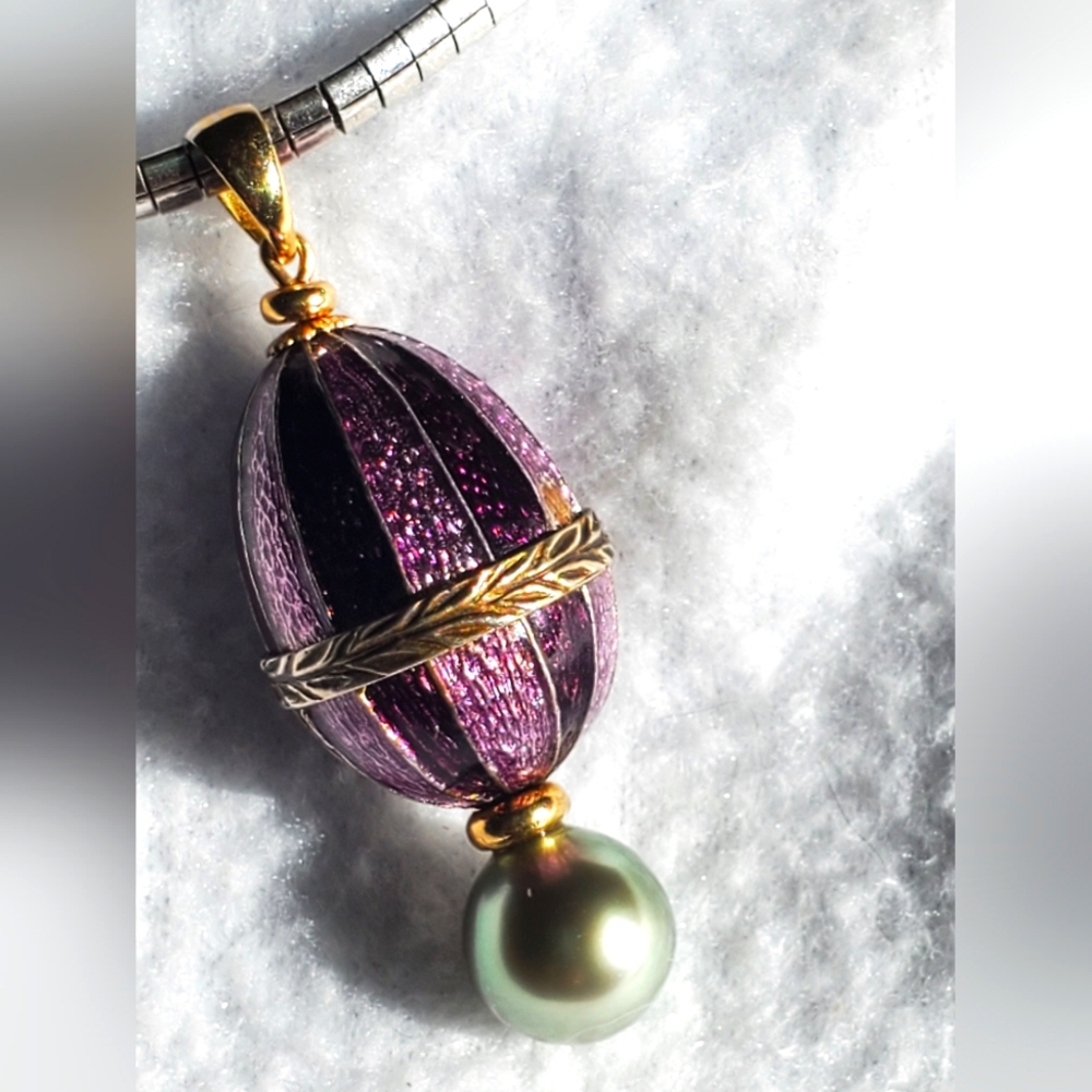 18K YG & Antique Sterling Enamel Egg with Moss Gray/Green Tahitian Pearl Pendant